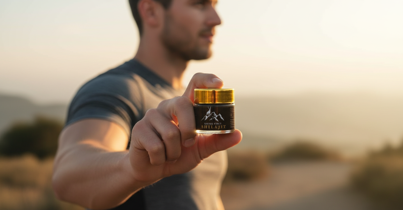 Male Model Side Profile Holding Little Tibet Shilajit